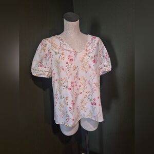 Floral V-Neck Blouse With Lace Trim Details